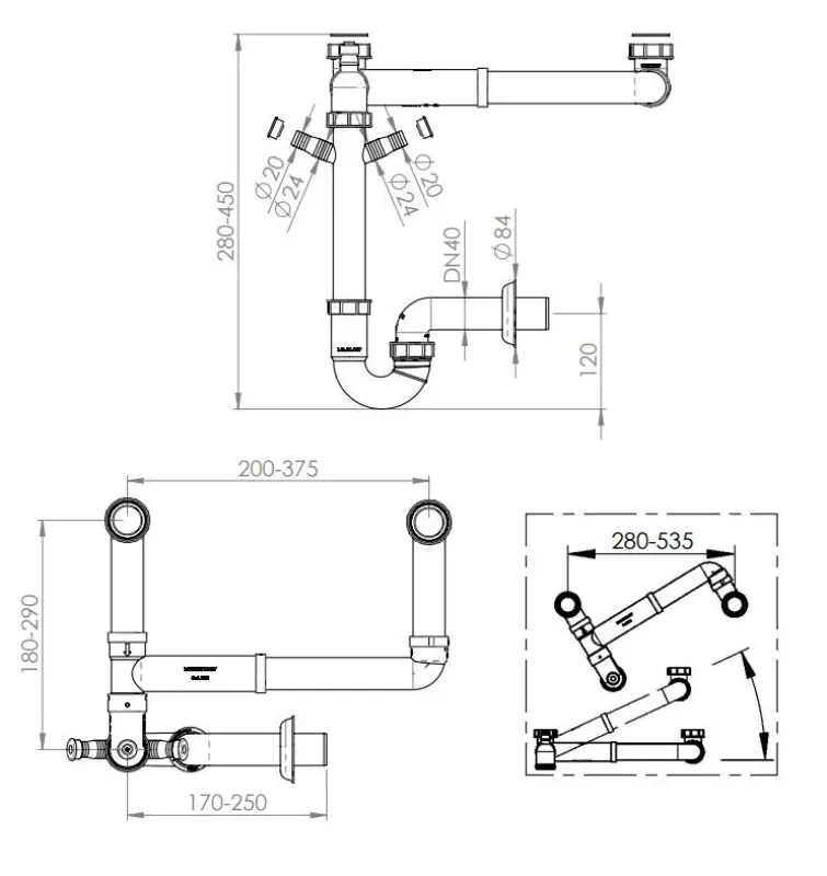 Ausmann doppelt Siphon platzsparender Spülsiphon für die Küche mit Entlüftung und 2 Spülmaschinenanschlüssen 1208957662