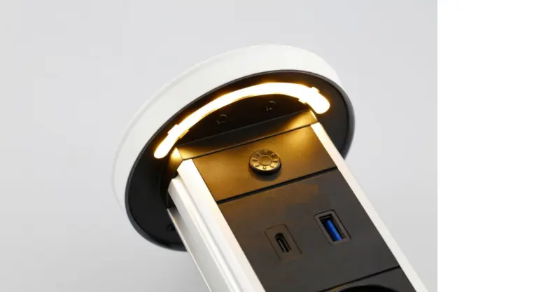 Indux Lift versenkte weiße Küchensteckdose in Arbeitsplatte mit Beleuchtung, Erdung Typ F, 2 x USB und kabellosem Laden 1208957838