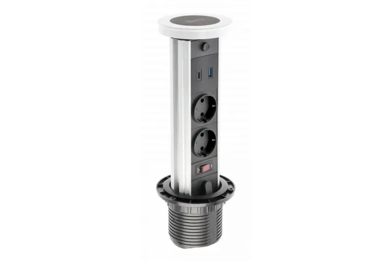 Indux Lift versenkte weiße Küchensteckdose in Arbeitsplatte mit Beleuchtung, Erdung Typ F, 2 x USB und kabellosem Laden 1208957838