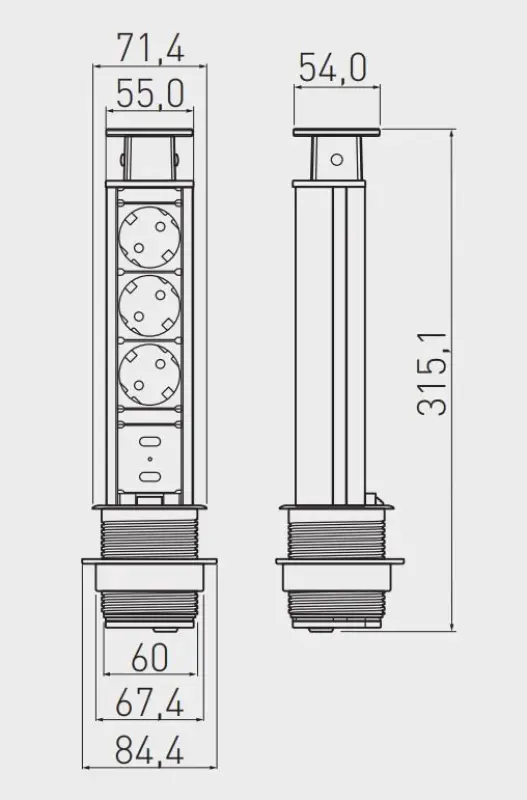 Indux Up & Down enge versenkbare silberne Küchensteckdose in Arbeitsplatte mit 3 Steckdosen Erdung Typ F und 2 x USB 1208957840