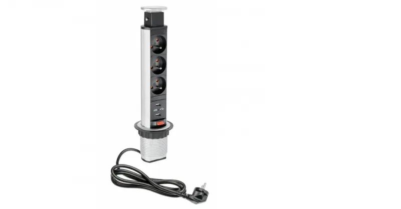 Indux Up & Down enge versenkbare Küchensteckdose Silber in Arbeitsplatte, Stift-Erdung Typ E, mit 3 Steckdosen und 2 x USB 1208957842