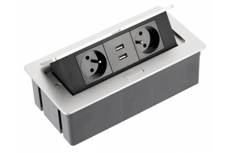 Indux Flip Medium Küchensteckdose Stift-Erdung Typ E, in Arbeitsplatte oder Oberschrank Aluminium mit 2 Steckdosen und 2 USB-Ladegeräten 1208957850