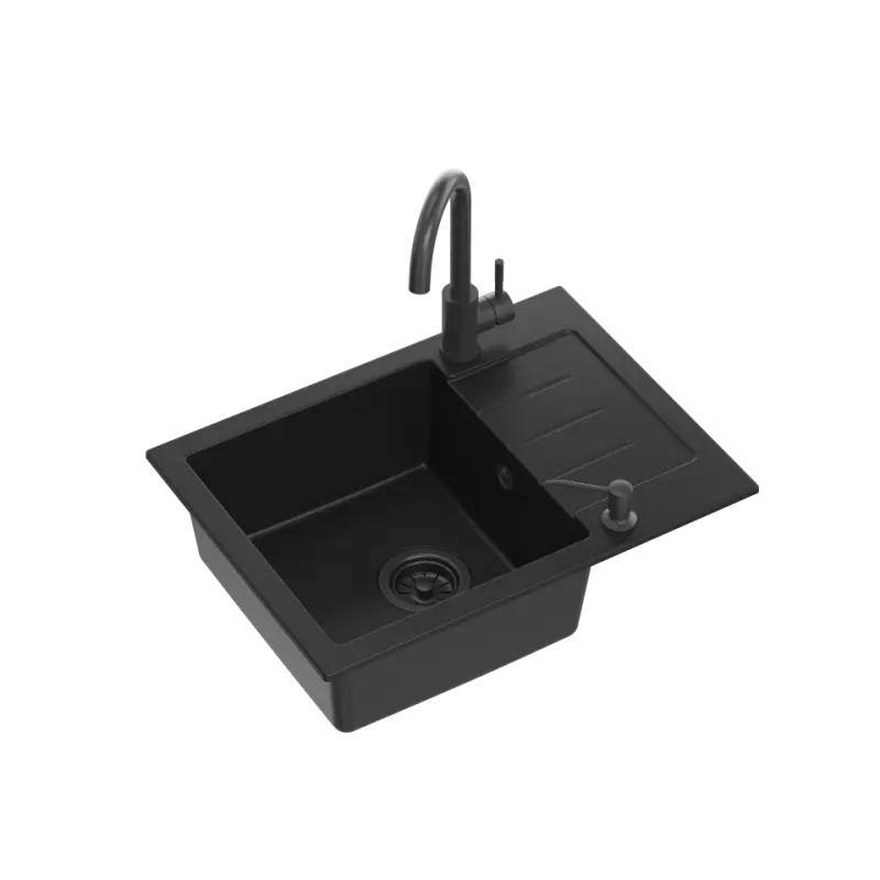 Quadri Kendal schwarzes Granitspülbecken 60x44 mit Abtropffläche, Wasserhahn und Seifenspender 1208957889