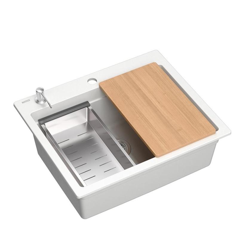Quadri Durham weißer Granitaufbau-Spülbecken 595x500 mit Seifenspender, Schneidebrett, Rollmatte, Einsatzbecken und Rollmatte 1208957903