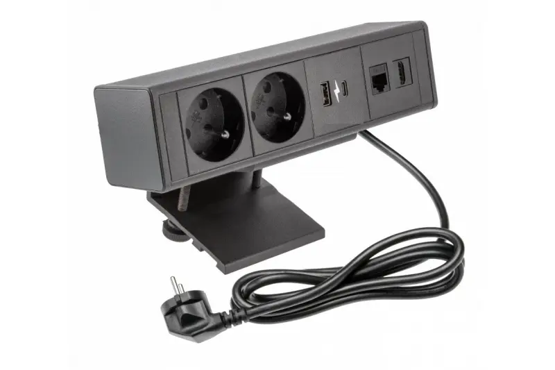 Indux Desk Schreibtisch oder Tisch mattschwarz Steckdosenleiste Stift-Erdung Typ E, (2x) mit 1xUSB A, 1xUSB C, 1xRJ45 und 1xHDMI 1208957920