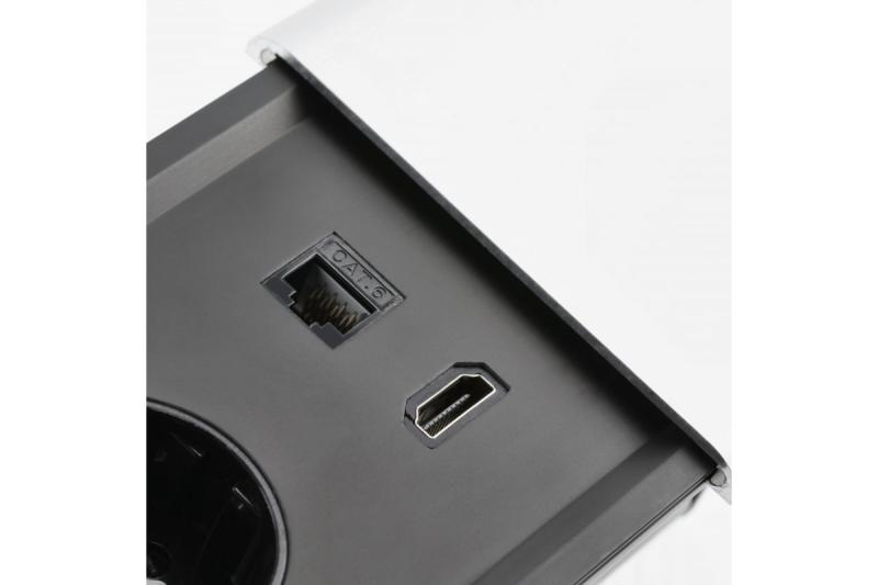 PRESTINO versenkbare Schreibtischverlängerungskabel, 2x Schuko-Buchse, USB A+C, RJ45, HDMI, Kabel 1,5m, Silber 1208958676