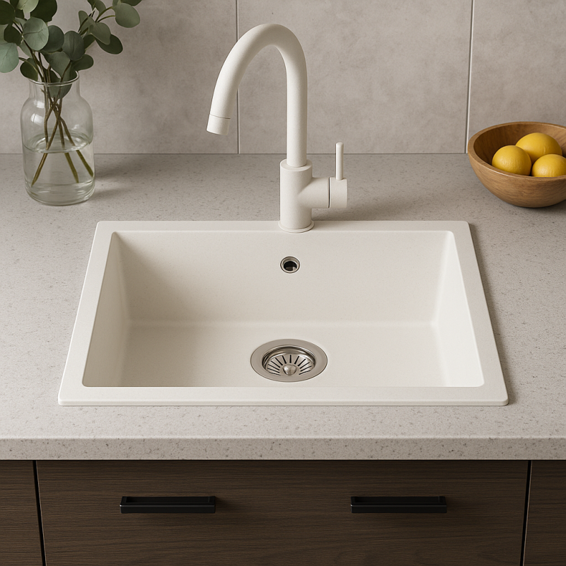 GraniteMy Universal Granit weiße Spüle 55x40 cm weiß Aufsatz-, Unterbau- und Flachbauweise mit Edelstahlstopfen 1208967109