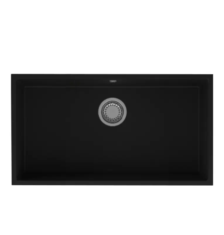 GraniteMy Universal-Granitspüle, groß, 74x40 cm, Schwarz, Aufliegend, flächenbündig und Unterbau, mit Edelstahlstecker 1208967110
