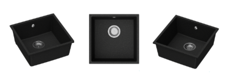 GraniteMy Universal-Granitspülе Schwarz 40x40 cm, Aufliegend, Unterbau und flächenbündig mit schwarzem Stecker 1208967112