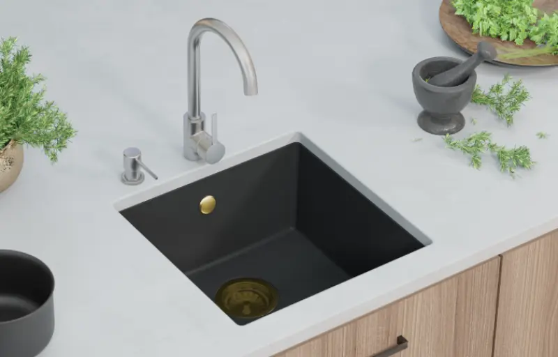 GraniteMy Universal-Granitspülbecken Schwarz 40x40cm, Aufliegend, Unterbau und flächenbündig, mit Goldstecker 1208967113