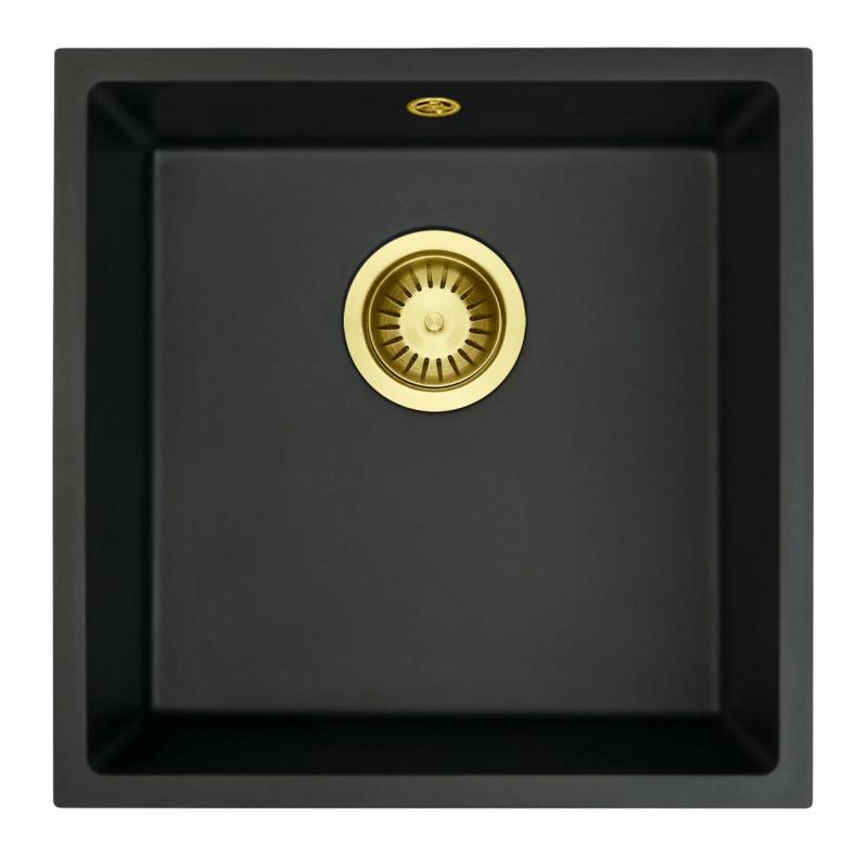 GraniteMy Universal-Granitspülbecken Schwarz 40x40cm, Aufliegend, Unterbau und flächenbündig, mit Goldstecker 1208967113