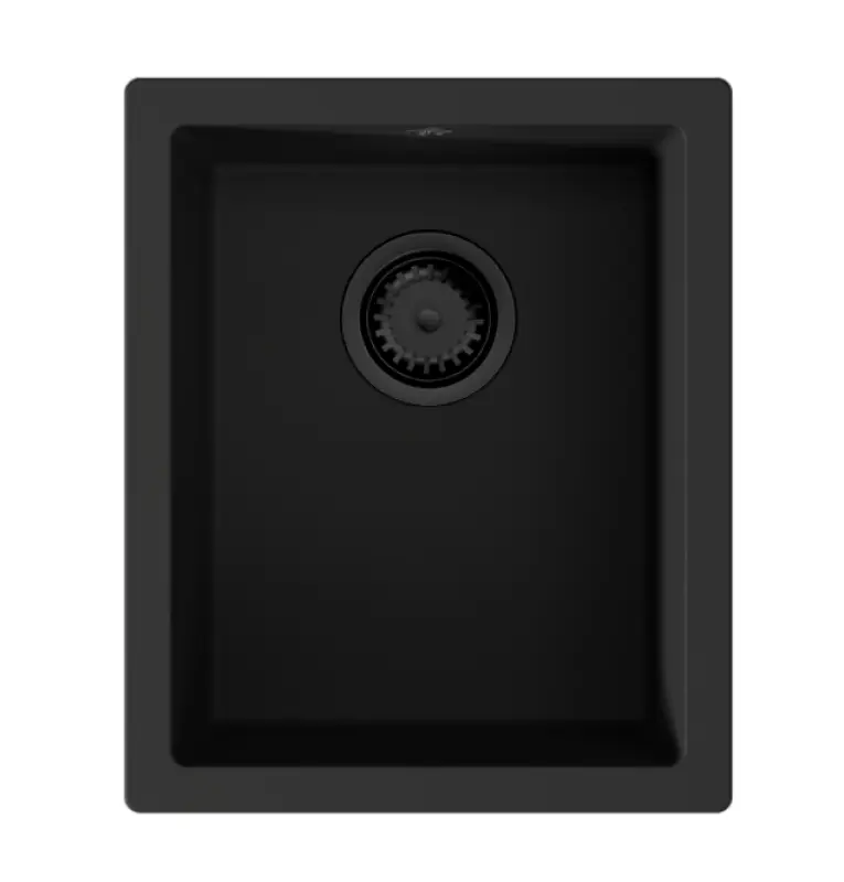 GraniteMy Universal-Granitspülbecken 34x40 cm, Schwarz, Aufliegend, flächenbündig und Unterbau, mit schwarzem Stecker 1208967143