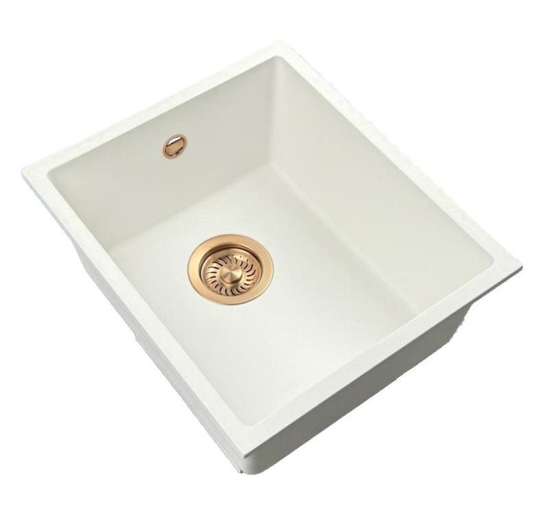 GraniteMy Universal Granit-Spülbecken 34x40 cm, Weiß, Aufliegend, flächenbündig und Unterbau, mit Kupferstecker 1208967148