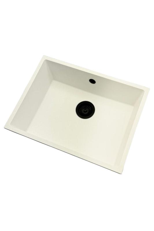 GraniteMy Universal Granit weiße Spüle 55x40 cm weiß Aufsatz, Unterbau und flächenbündig mit schwarzem Stöpsel 1208967154