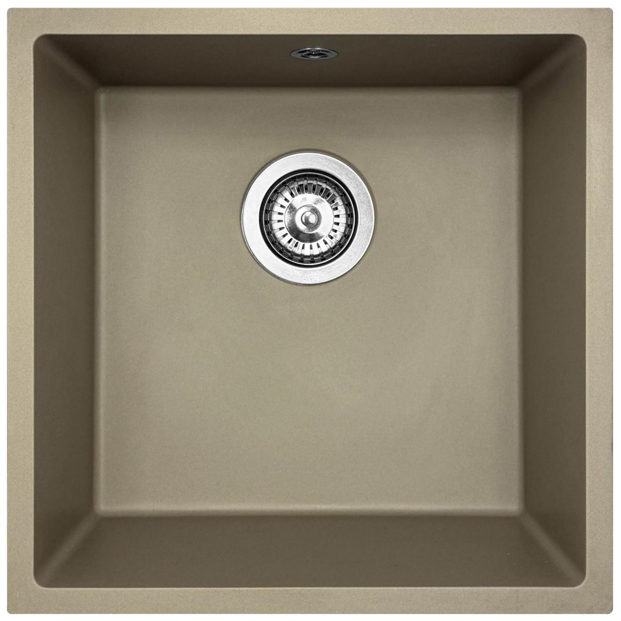 GraniteMy Évier universel en granit taupe 40x40 cm installation à poser, sous plan et à fleur avec bouchon en inox 1208967211
