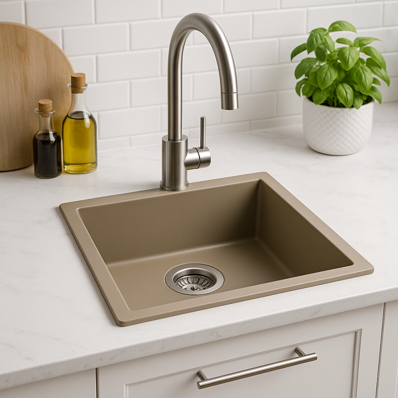 GraniteMy Universal Granit-Spülbecken 40x40 cm, Taupe, Aufliegend, flächenbündig und Unterbau, mit Edelstahlstopfen 1208967211