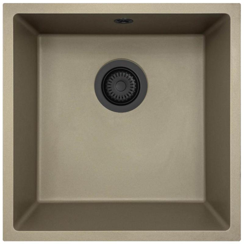 GraniteMy Universal Granit-Spülbecken 40x40 cm, Taupe,  Aufliegend, flächenbündig und Unterbau, mit schwarzem Stecker 1208967213