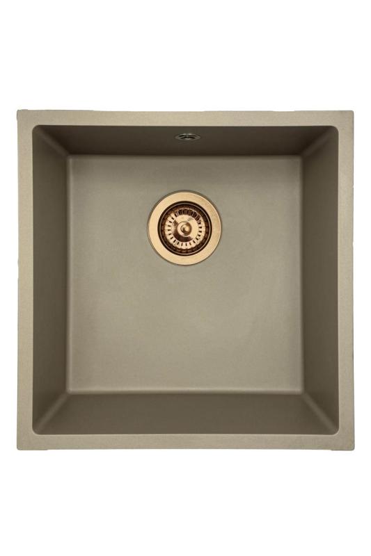 GraniteMy Universal Granit-Spülbecken 40x40 cm, Taupe,  Aufliegenbd, flächenbündig und Unterbau, mit Kupferstecker 1208967214