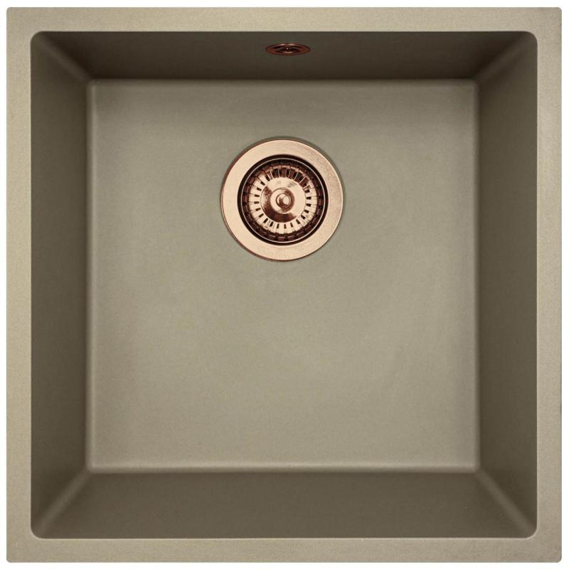 GraniteMy Universal Granit-Spülbecken 40x40 cm, Taupe,  Aufliegenbd, flächenbündig und Unterbau, mit Kupferstecker 1208967214