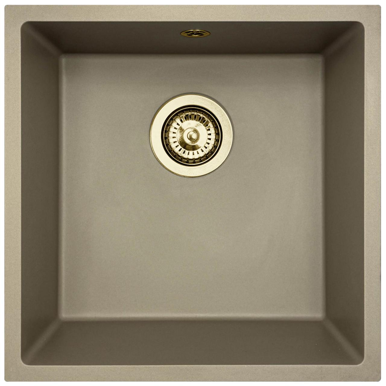 GraniteMy Évier en granit universel taupe 40x40 cm pose en surface, sous-plan et à fleur avec bonde dorée 1208967215