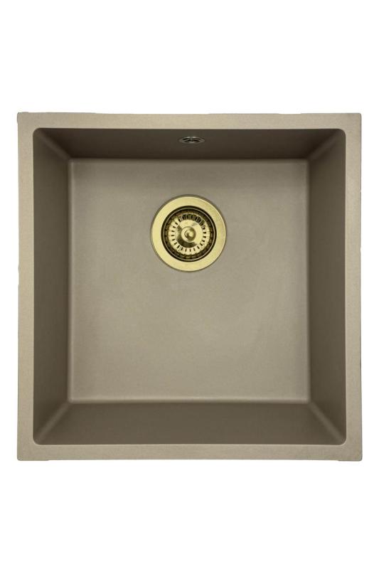 GraniteMy Universal Granit-Spülbecken 40x40 cm, Taupe, Aufliegend, flächenbündig und Unterbau, mit Goldstecker 1208967215