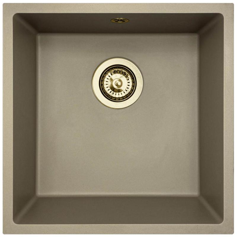 GraniteMy Universal Granit-Spülbecken 40x40 cm, Taupe, Aufliegend, flächenbündig und Unterbau, mit Goldstecker 1208967215