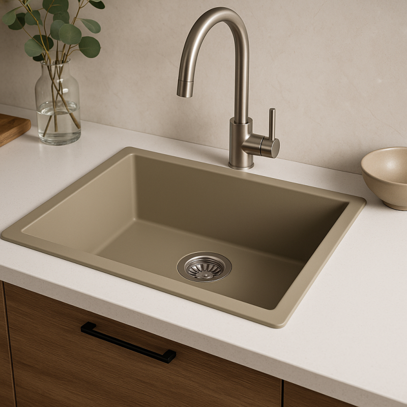 GraniteMy Universal Granit-Spülbecken 50x40 cm, Taupe, Aufliegend, flächenbündig und Unterbau, mit Edelstahlstecker 1208967223