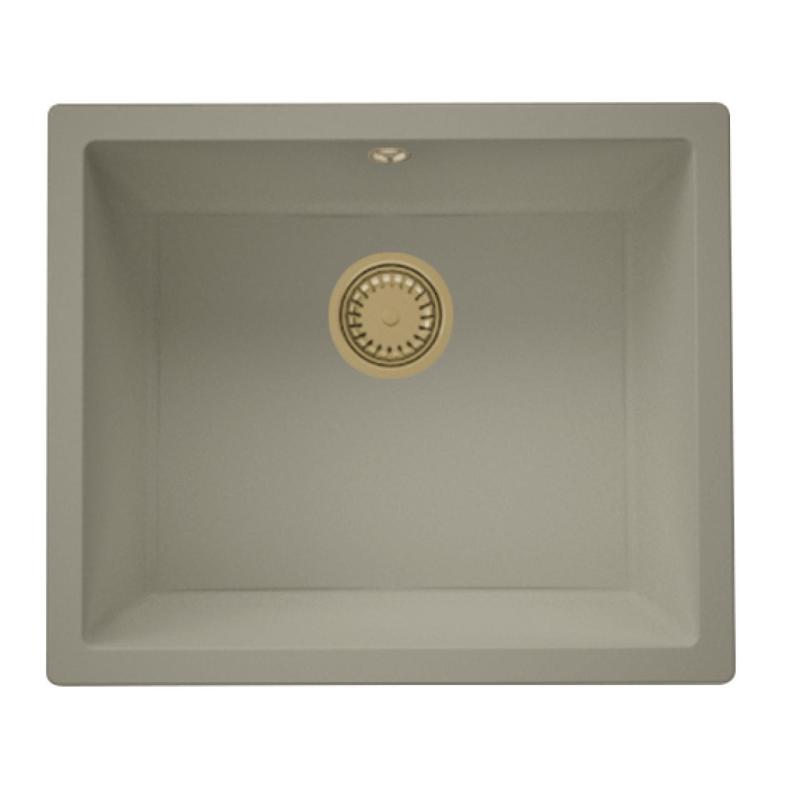 GraniteMy Universal Granit-Spülbecken 50x40 cm, Taupe, Aufliegend, flächenbündig und Unterbau, mit Goldstecker 1208967226
