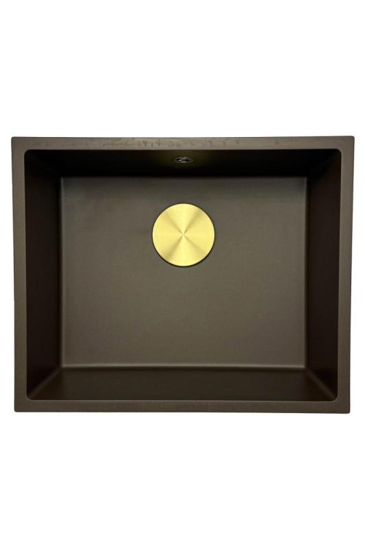 GraniteMy Universal Granit-Spülbecken 50x40 cm, Café, Aufliegend, flächenbündig und Unterbau, mit Goldstecker 1208967230