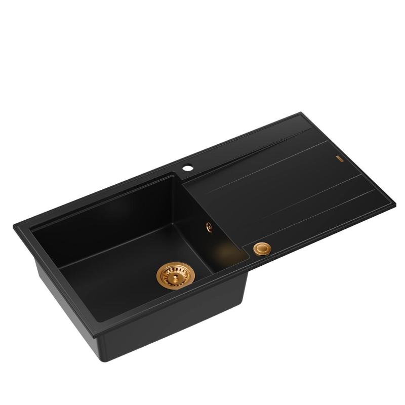 Quadri Luton schwarze Granit-Aufbauspüle mit Abtropffläche, umkehrbar, 100x50 cm, mit Kupferstopfen 1208967316