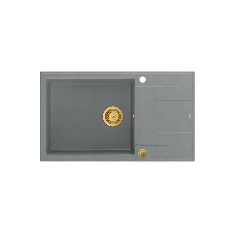 Quadri Luton grauer Granit großer Einbauspülbecken mit Abtropffläche, umkehrbar 86x50cm mit goldener Ablaufgarnitur 1208967332