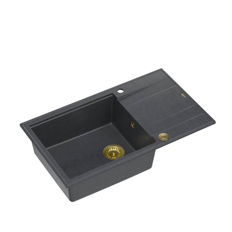 Quadri Luton anthrazit Granit große Aufbauspüle mit Abtropffläche, umkehrbar 86x50cm mit goldenem Stöpsel 1208967334