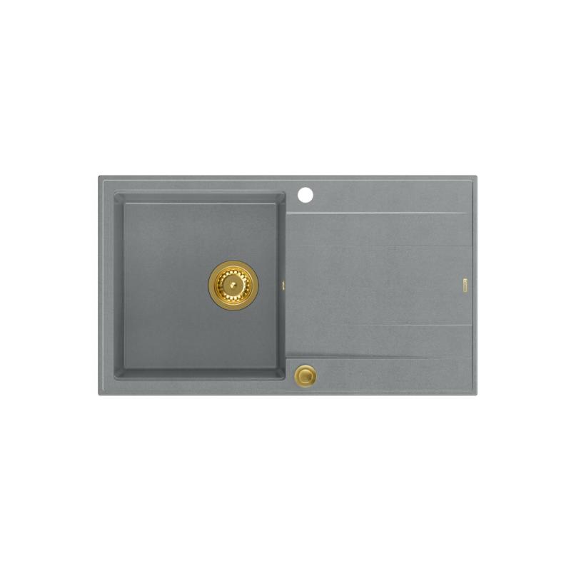 Quadri Luton graues Granit-Aufbauspülbecken mit Abtropffläche, umkehrbar 86x50cm, mit goldenem Stöpsel 1208967341