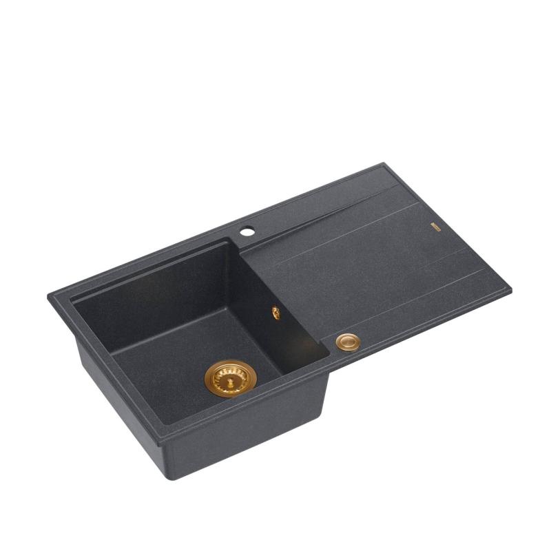 Quadri Luton anthrazit Granit Aufbauspüle mit Abtropffläche, umkehrbar 86x50cm mit Kupferstopfen 1208967345