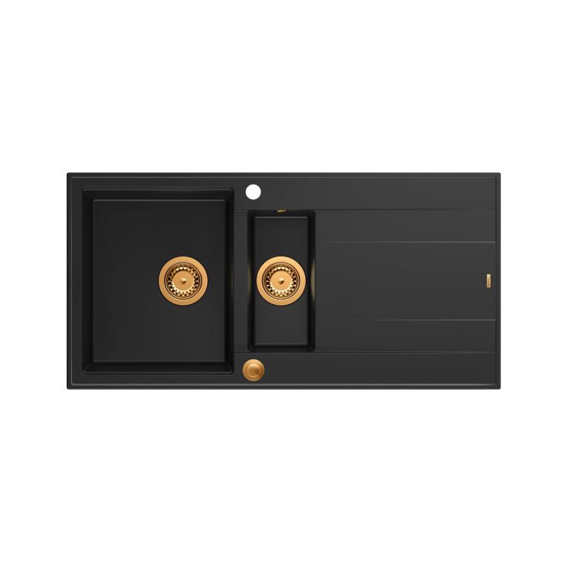 Quadri Luton schwarze Granit-Aufbauspüle 1,5 Becken mit Abtropffläche, umkehrbar, 100x50cm mit Kupferstopfen 1208967347
