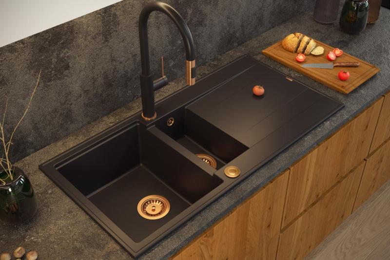 Quadri Luton schwarze Granit-Aufbauspüle 1,5 Becken mit Abtropffläche, umkehrbar, 100x50cm mit Kupferstopfen 1208967347