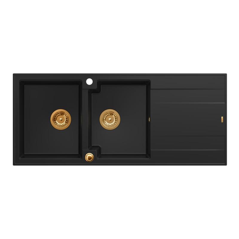 Quadri Luton Aufputz-Doppelspüle aus Granit, schwarz, mit Abtropffläche, 116x50 cm, mit Kupferstopfen 1208967357
