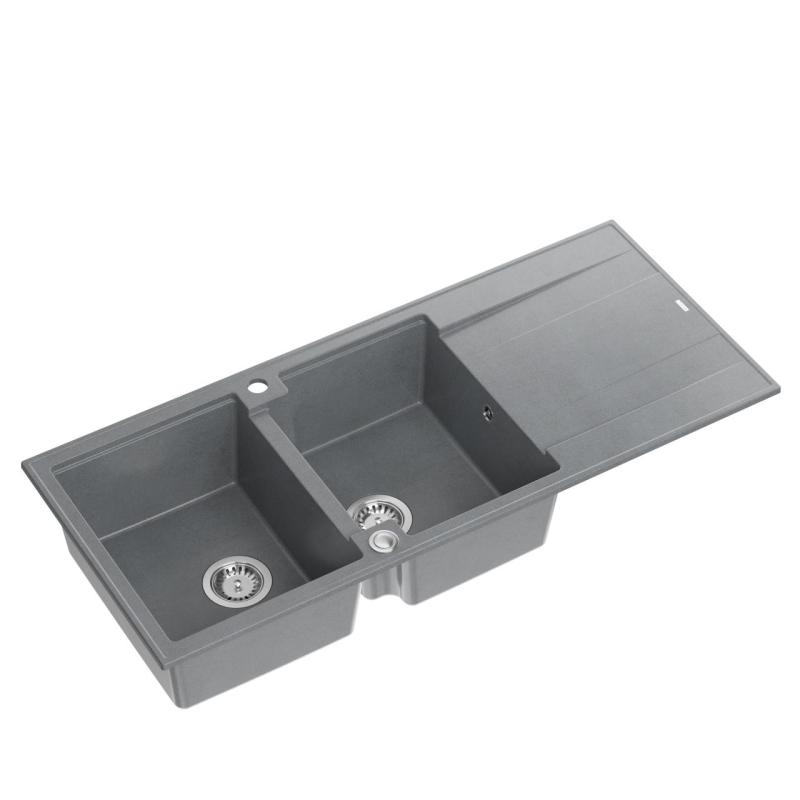 Quadri Luton Aufbauspüle Doppelbecken aus Granit Grau mit Abtropffläche 116x50 cm mit Edelstahlverschluss 1208967360