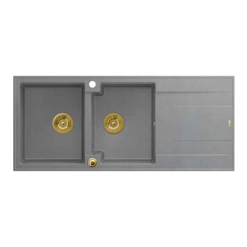 Quadri Luton Einbau-Doppelspüle aus Granit, grau, mit Abtropffläche, 116x50 cm, mit goldenem Stöpsel 1208967361