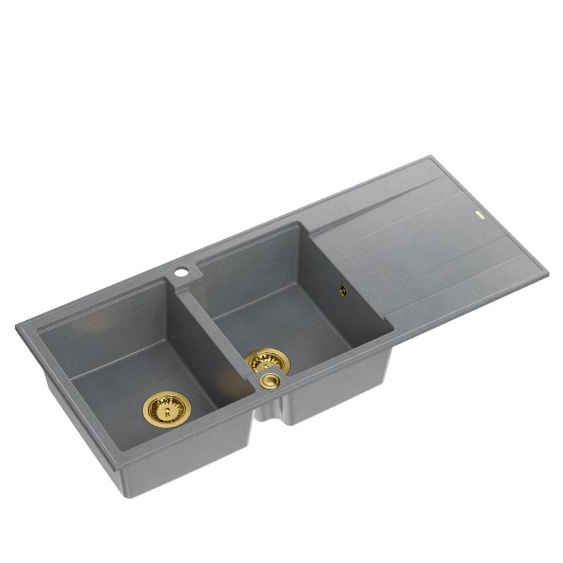 Quadri Luton Einbau-Doppelspüle aus Granit, grau, mit Abtropffläche, 116x50 cm, mit goldenem Stöpsel 1208967361