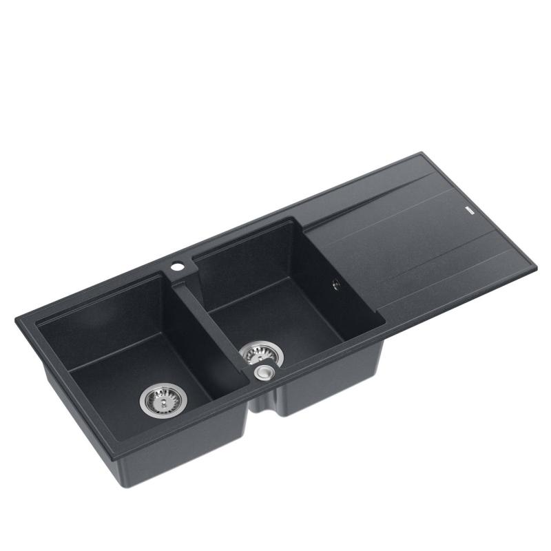 Quadri Luton Einbau-Doppelspüle aus Granit in Anthrazit mit Abtropffläche 116x50 cm mit Edelstahl-Stöpsel 1208967363