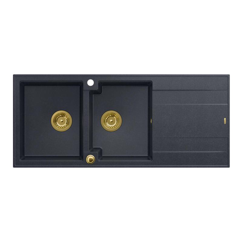Quadri Luton Einbau-Doppelspülbecken aus Granit in Anthrazit mit Abtropffläche 116x50 cm mit goldenem Stöpsel 1208967364