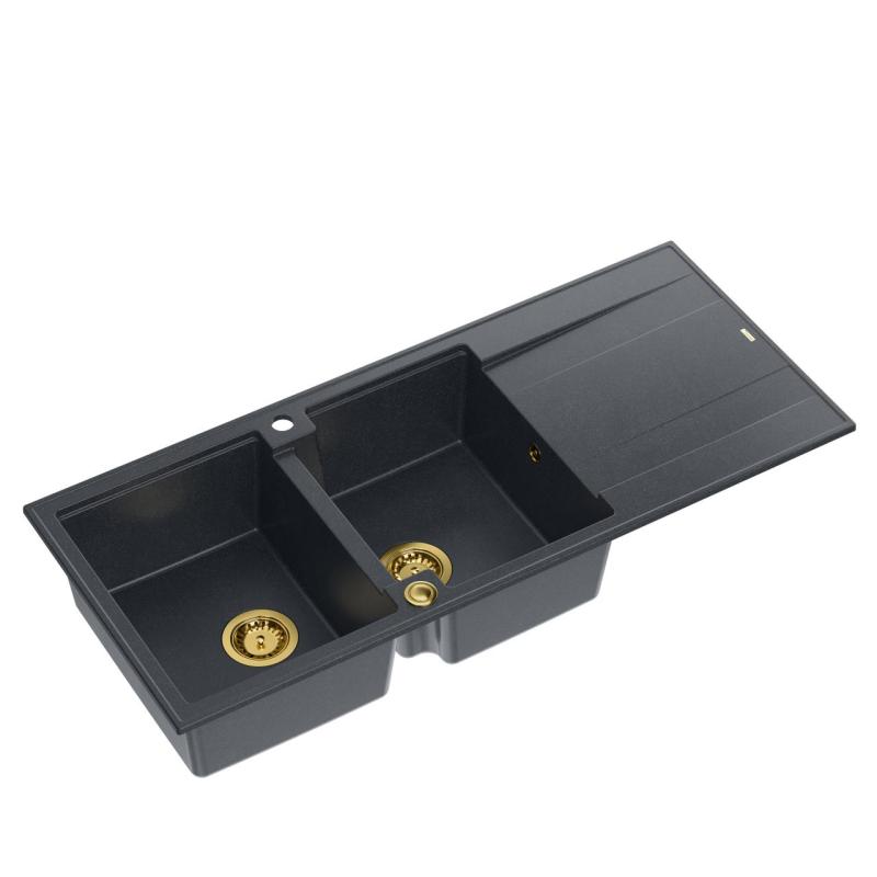 Quadri Luton Einbau-Doppelspülbecken aus Granit in Anthrazit mit Abtropffläche 116x50 cm mit goldenem Stöpsel 1208967364