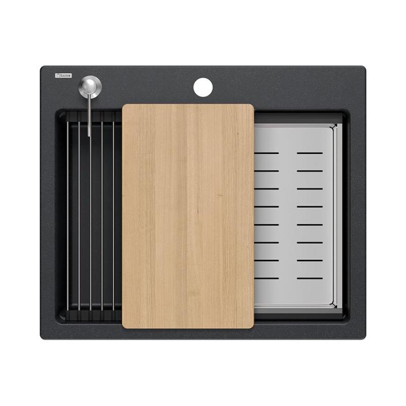 Quadri Durham Anthrazit Granit Aufbauspüle 595x500 mit Seifenspender, Schneidebrett, Einsatzbecken und Rollmatte 1208967379
