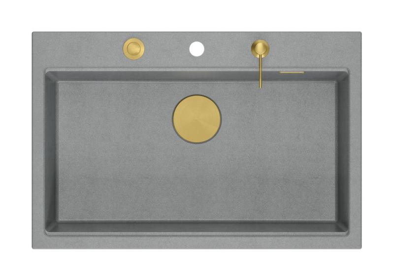 Quadri Hard Rock grauer Granit Aufsatzspüle große Spüle 76x50cm inklusive goldener Ablaufgarnitur und Zubehör 1208967432