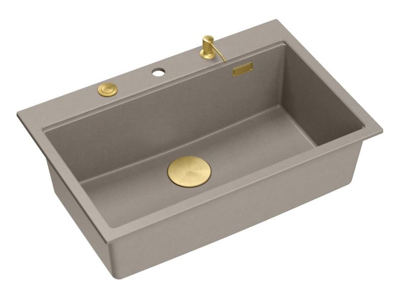 Quadri Hard Rock Taupe Granit Aufsatzspüle groß 76x50cm inklusive goldener Ablaufgarnitur und Zubehör 1208967436