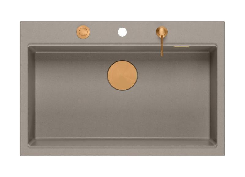 Quadri Hard Rock taupe Granit Aufsatzspüle 76x50cm inklusive Kupferstopfen und Zubehör 1208967439