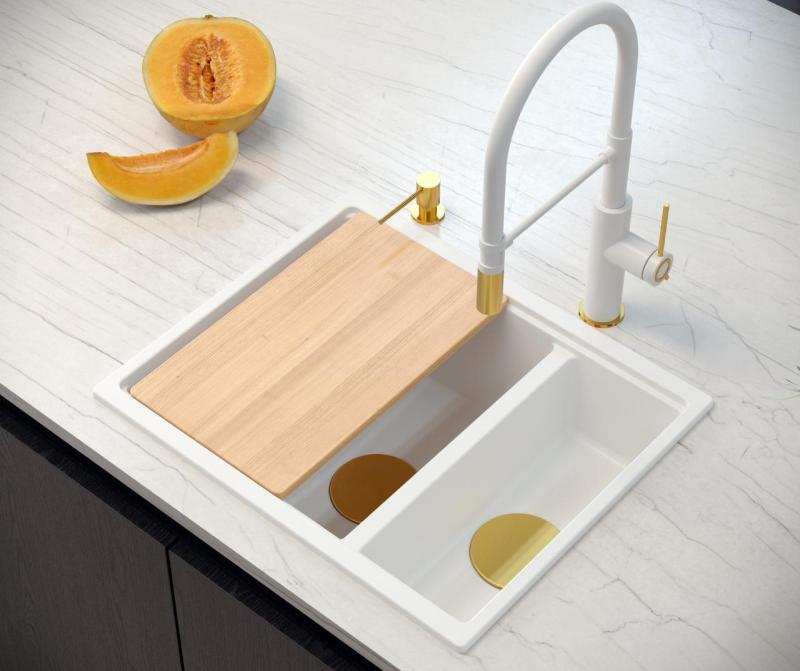 Quadri Newport II Weiß 1,5 Spülbecken Granit Auflage- und Unterbauspüle 555x460mm mit goldener Abdeckung 1208967462