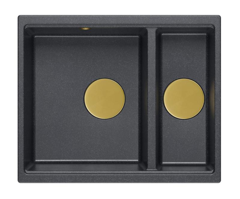 Quadri Newport II anthrazit 1,5 Spülbecken Granit Aufsatz- und Unterbau-Spülbecken 555x460mm mit goldenem Stopfen 1208967473