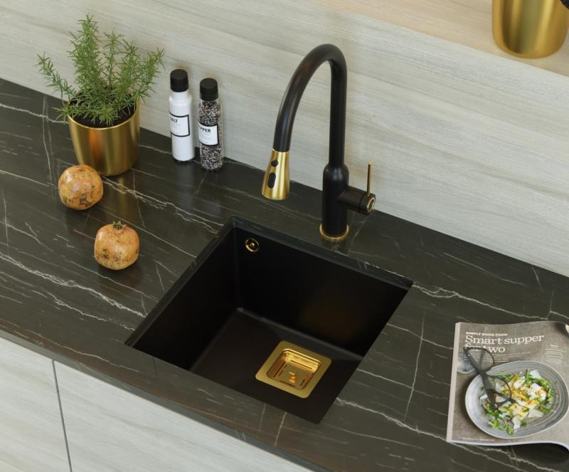 Quadri Quadrangle schwarzes Granit-Unterbauspülbecken 42x42cm mit goldenem Stopfen 1208967481